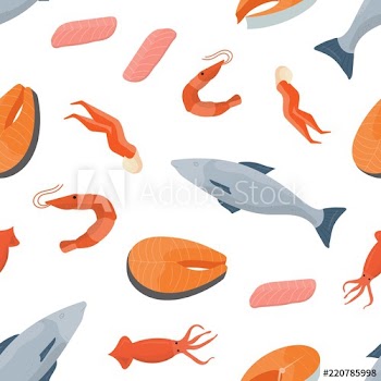 Bright colored seamless pattern with fish, salmon steaks, shrimps, squids and other types of seafood on white background