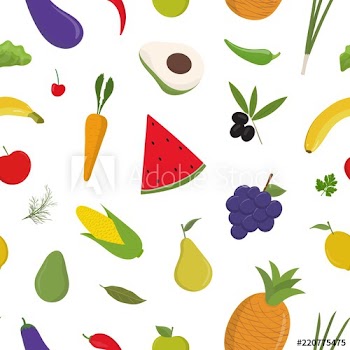 Bright colored seamless pattern with fruits and vegetables on white background