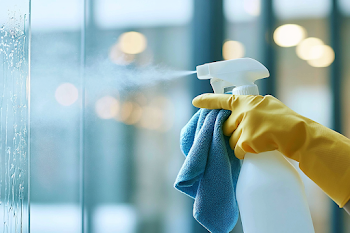 Bright Yellow Rubber Gloves in Action: Cleaning a Window