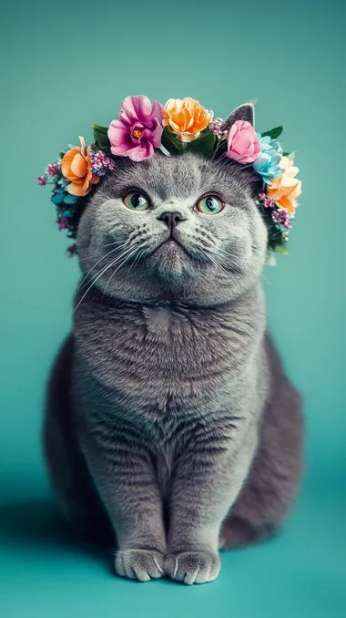 British Shorthair Cat Smiling with Flower Crown in Calm Turquoise Room British Shorthair Cat Smiling with Flower Crown in Calm Turquoise Room