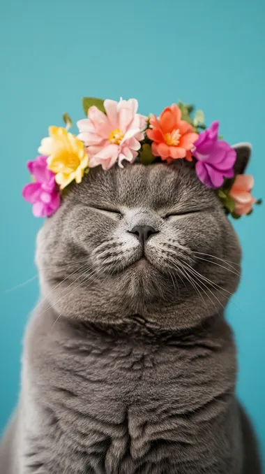 British Shorthair cat with flower crown in serene turquoise setting British Shorthair cat with flower crown in serene turquoise setting