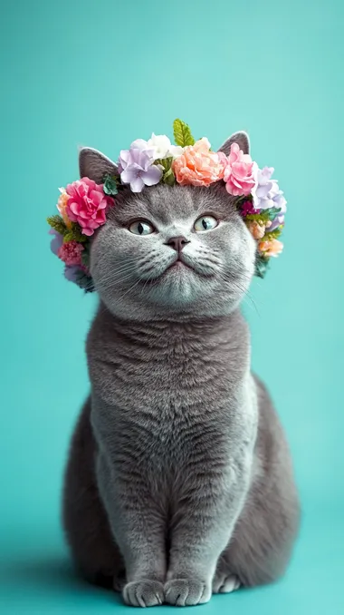 British Shorthair Cat with Flower Crown Smiling in Turquoise Living Room British Shorthair Cat with Flower Crown Smiling in Turquoise Living Room