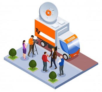 Broadcast telecommunication isometric composition television van and shooting team working outdoors vector illustration Free Vector