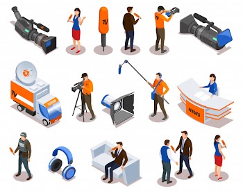 Broadcasting isometric icons set with newsman commentator reporter and people participating in talk show and interview vector illustration Free Vector