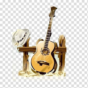 Brown acoustic guitar leaning on brown fence beside white cowboy hat art, Country music Drawing , Guitar and hat transparent background PNG clipart