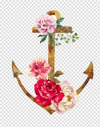 Brown anchor with pink and red flowers illustration, Flower Anchor Tattoo Illustration, Fresh flowers watercolor anchor transparent background PNG clipart