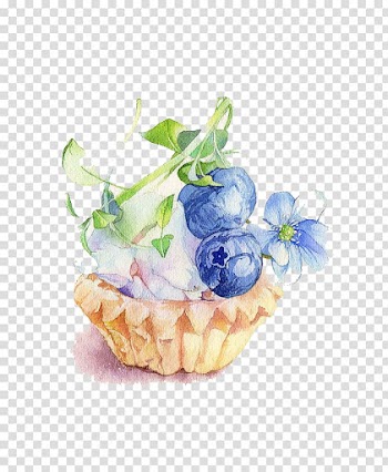 Brown and blue petaled flower, Cupcake Watercolor painting Blueberry Illustration, Blueberry cake material transparent background PNG clipart