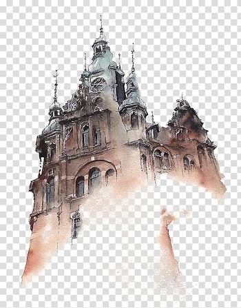 Brown and green castle , Watercolor painting Architecture Artist, Watercolor Castle transparent background PNG clipart