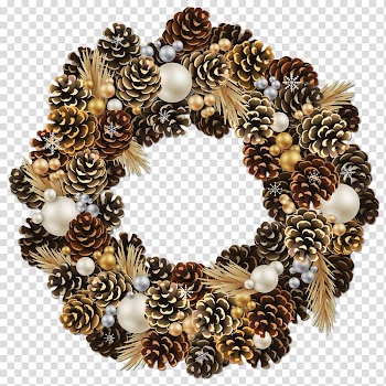 Brown and green pine cone wreath, Christmas ornament Wreath Garland , Christmas Pinecone Wreath with Pearls transparent background PNG clipart