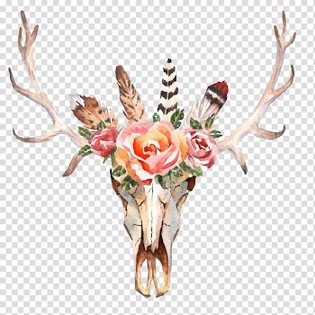 Brown and red floral antler illustration, Deer Flower Skull Horn, WATERCOLOR LEAF transparent background PNG clipart