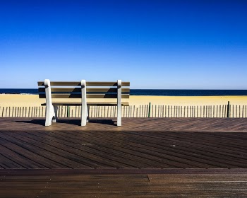 Brown-and-white Wooden Bench Facing Body of Water Under Clear Blue Sky