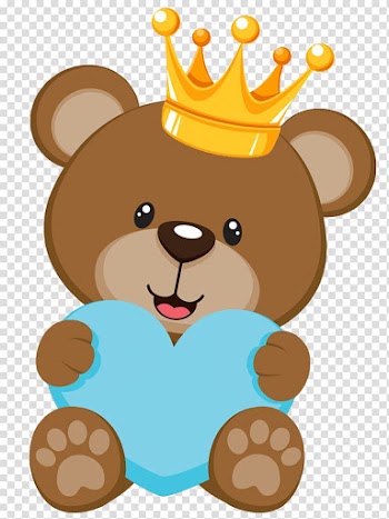 Brown bear with yellow crown holding blue heart illustration, Teddy bear Baby shower Infant , SALVAJE transparent background PNG clipart