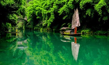 Brown Boat on Body of Water Between Trees