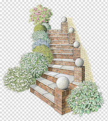 Brown brick stairs and plants art, Stairs Brick Drawing Garden, Hand painted square brick stairs transparent background PNG clipart