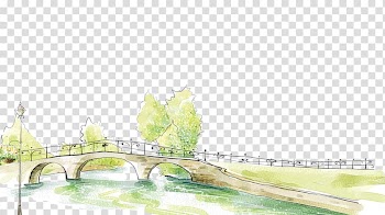 Brown bridge illustration, Watercolor painting Fukei Illustration, Hand-painted bridge trees river transparent background PNG clipart