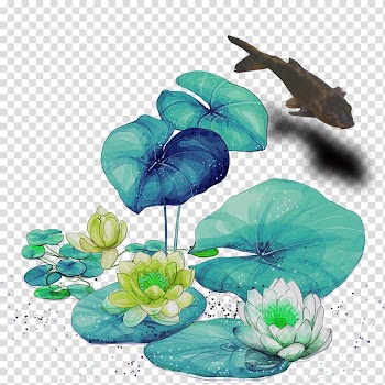 Brown carp fish swimming by the flowering lotus pad painting, Butterfly Nelumbo nucifera Cartoon Water lilies, Cartoon hand-painted flowers transparent background PNG clipart