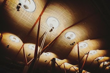 brown ceiling with lights and posts
