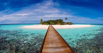 brown dock on body of water under blue sky