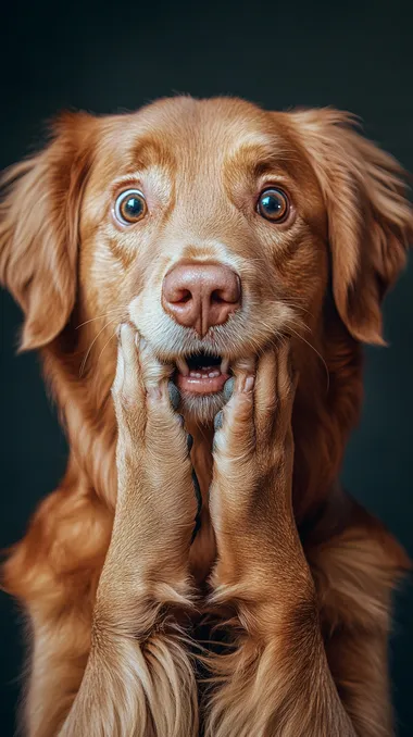 Brown dog with blue eyes posing in a plain living room background