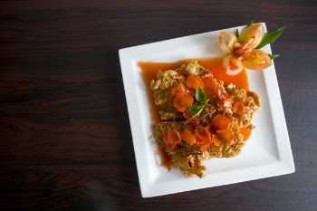 Brown Fried Food With Orange Soup on Ceramic Plate