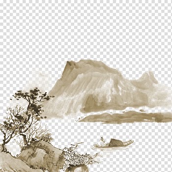 Brown mountain and tree artwork painting, China Landscape painting India ink Drawing, Mountain Tree ship material transparent background PNG clipart