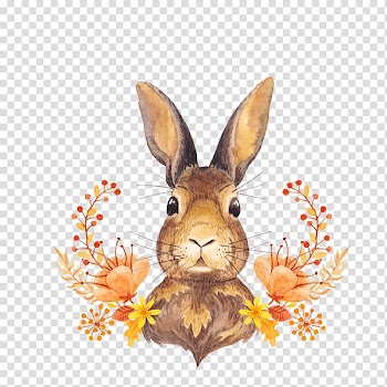 Brown rabbit , Autumn leaf color Watercolor painting Paper, Bunny rosette transparent background PNG clipart