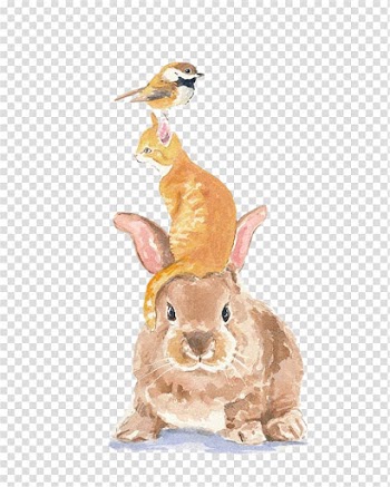 Brown rabbit, orange cat, and brown bird painting, Rabbit Bird Tiger Cat Illustration, Hand painted Watercolor Birds Cow Rabbit Crowd transparent background PNG clipart
