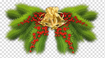 Brown, red, and green bell with leaf illustration, Pine Branch Christmas tree Christmas decoration, Christmas Pine Branch with Gold Bells Decor transparent background PNG clipart