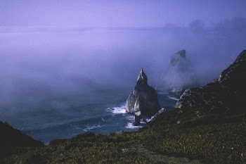 brown rocks covered in fog near shore during daytime