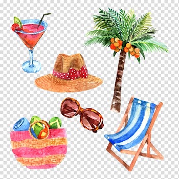 Brown straw hat and palm tree illustration, Watercolor painting Travel illustration, Summer travel theme transparent background PNG clipart