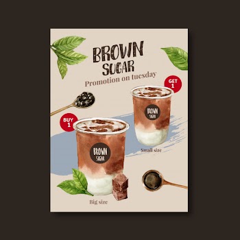 Brown sugar bubble milk tea set, poster ad, flyer template, watercolor illustration Free Vector