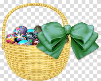 Brown wicker basket illustration, Easter Basket Green Ribbon transparent background PNG clipart