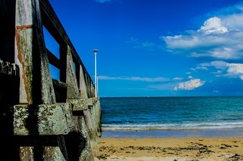 Brown Wooden Bar Near Sea Shore Under Blue Sky during Day Time