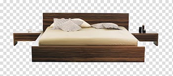 Brown wooden bed frame and nighstands transparent background PNG clipart