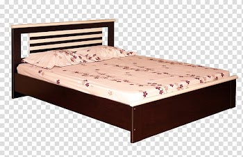 Brown wooden bed frame with white and purple floral bed sheet set transparent background PNG clipart