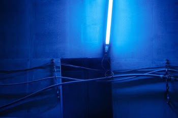 brown wooden door with blue light