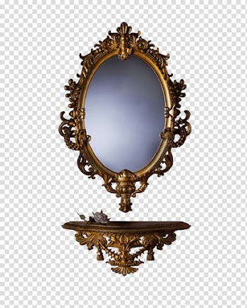 Brown wooden flower framed wall mirror with wall shelf art, Mirror Furniture transparent background PNG clipart