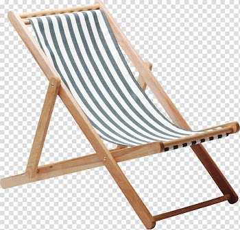 Brown wooden frame white and black striped padded folding chaise lounge, Deckchair Wing chair, Beach chairs transparent background PNG clipart