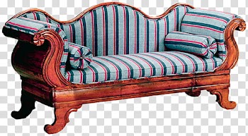 Brown wooden framed green and blue padded stripe sofa transparent background PNG clipart