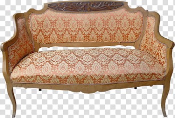 Brown wooden framed orange flora padded sofa transparent background PNG clipart