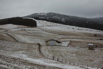 Brown Wooden House Surrounded With Brown Field Near Mountain Under Gray Sky at Daytime