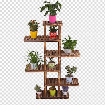 Brown wooden rack filled with plant pots, Flowerpot Shelf, Flower pot transparent background PNG clipart