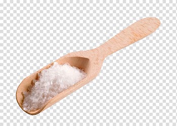 Brown wooden scoop with salts, Sea salt Wood Shovel Crystal, White coarse salt on wooden shovel transparent background PNG clipart