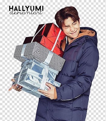 BTS, man carrying assorted gift boxes with text overlay transparent background PNG clipart