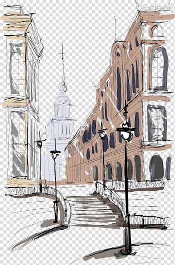 Building and post lamp sketch, Painting Architecture Drawing Building, Color Ink town transparent background PNG clipart