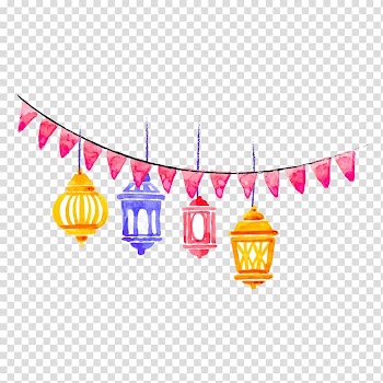 Building Islam Illustration, Hand painted watercolor Islamic lighting illustration, yellow, pink, and blue lanterns illustration transparent background PNG clipart