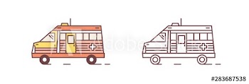 Bundle of colorful and monochrome ambulance motor vehicles isolated on white background