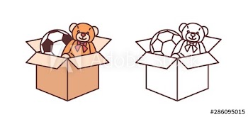 Bundle of colorful and monochrome drawings of teddy bear and football ball in carton box