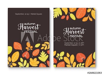 Bundle of flyer or poster templates for harvest festival announcement with colorful fallen autumn leaves or dried foliage