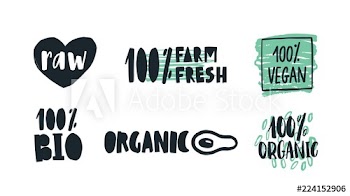 Bundle of labels with handwritten lettering for raw, farm, organic and vegan products, wholesome vegetarian food